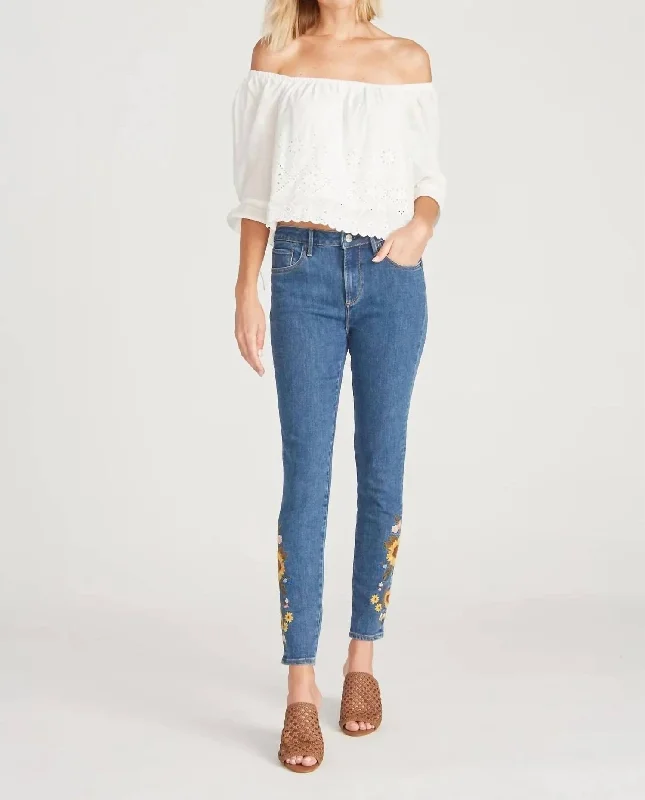 Jackie High Rise Skinny Jean Falling Sunflowers In Medium Wash Denim